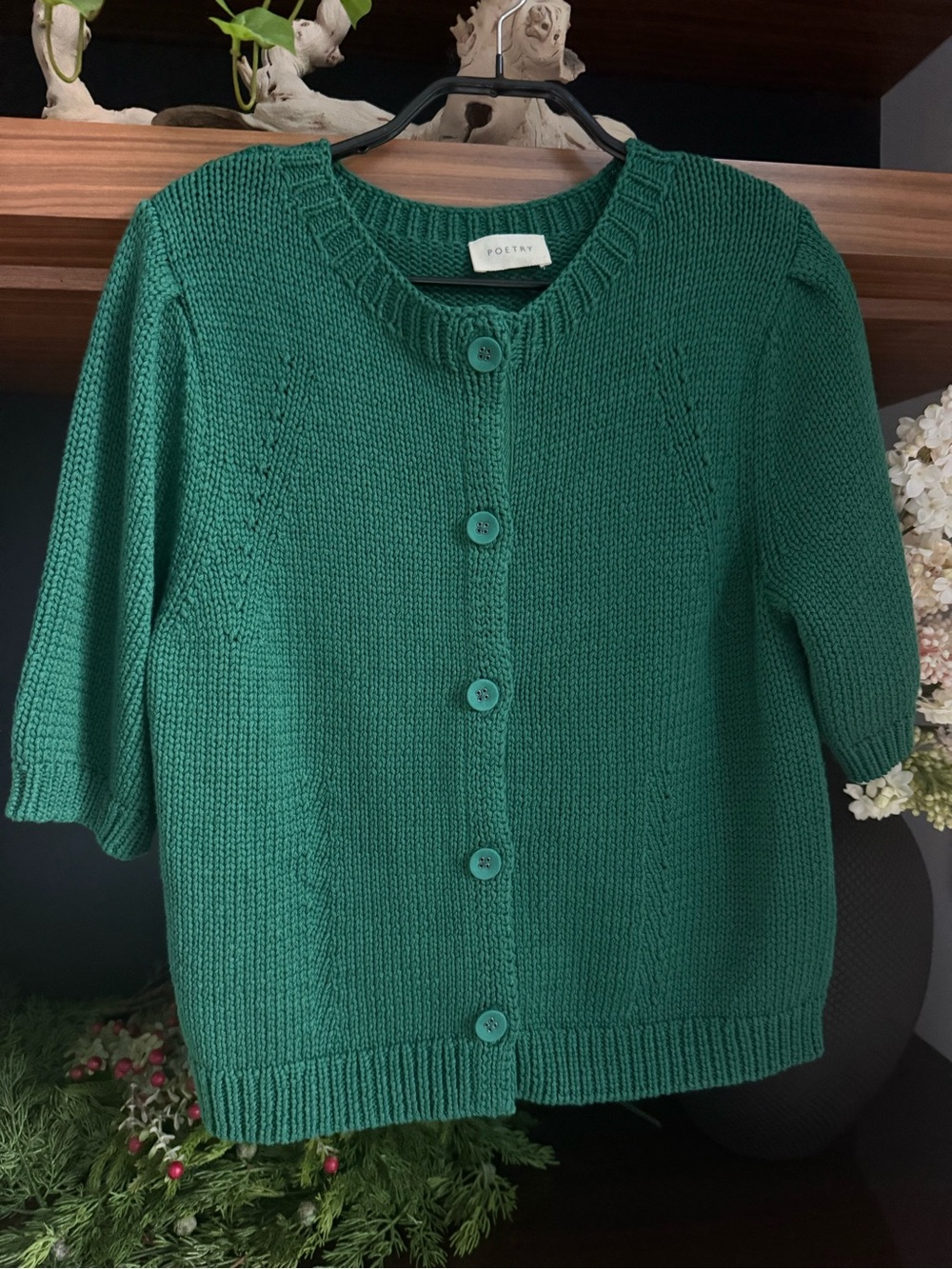 Poetry Cotton Teal-Green Short-Sleeve Cardigan, Size 6